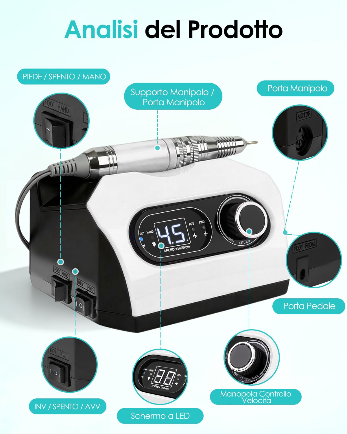 CozyZen Lima per Unghie Elettrica, Trapano Professionale a Filo con 35.000 RPM, Pedale, 6 Frese, Display LED e Controllo Velocità per Casa e Salon（Bianco）