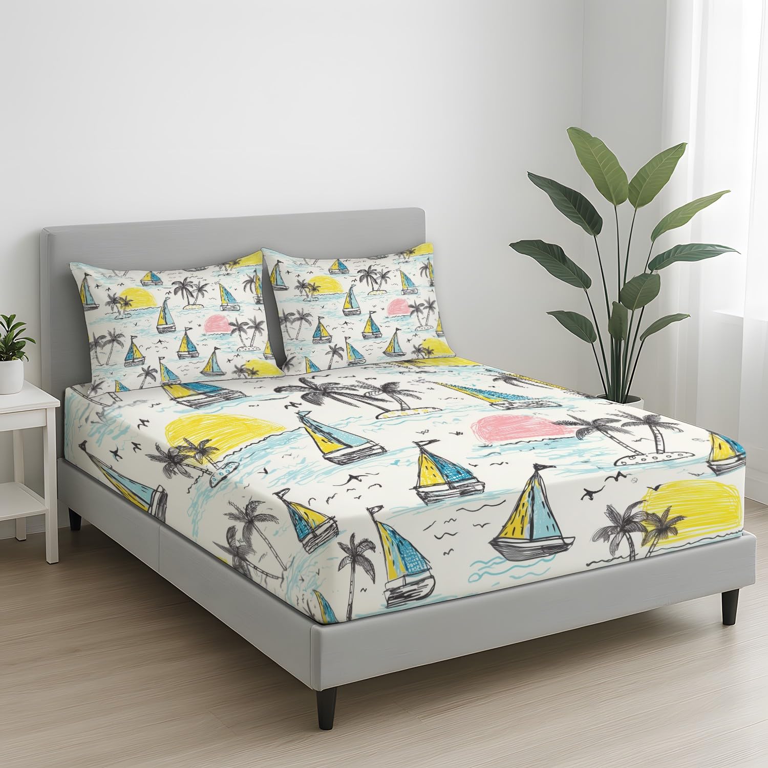 Playful Seaside Sábana bajera ajustable de verano, velero, palmera, pájaro, 30 cm de profundidad, microfibra, transpirable, para cama de matrimonio pequeño para niños y adolescentes, decoración de