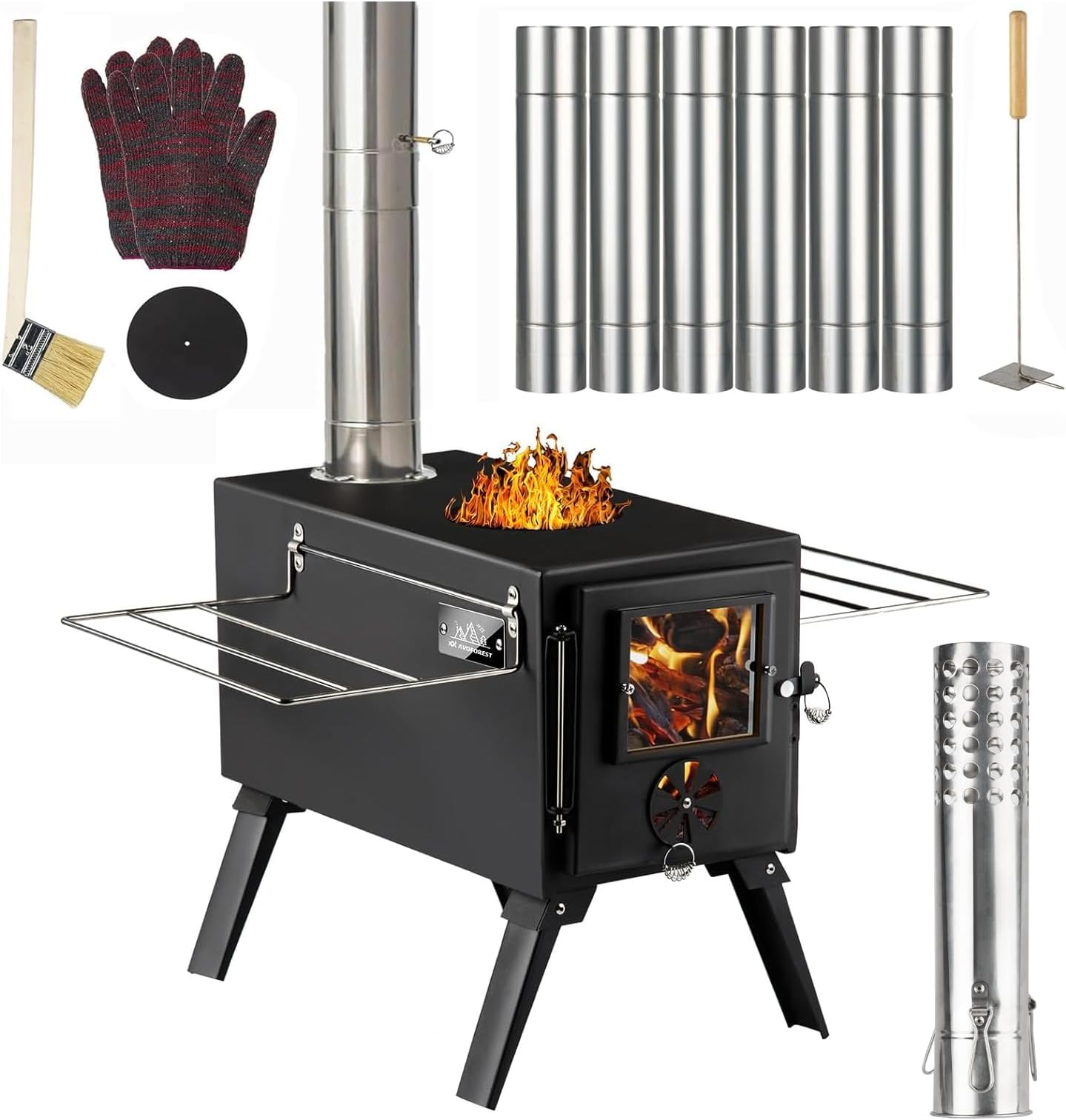 Hot Tent Stove,AVOFOREST Wood Burning Stove,Small Wood Stove with 7 Stainless Chimney Pipes for Outdoor Heating & Cooking, Ice Fishing, Hunting
