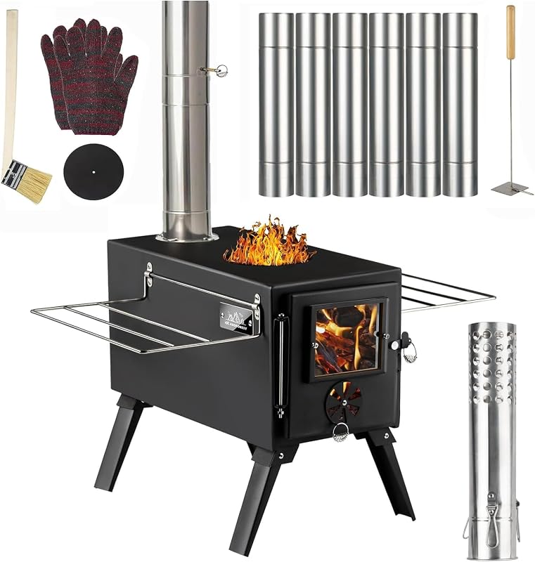 Hot Tent Stove,AVOFOREST Wood Burning Stove,Small Wood Stove with 7 Stainless Chimney Pipes for Outdoor Heating & Cooking, Ice Fishing, Hunting