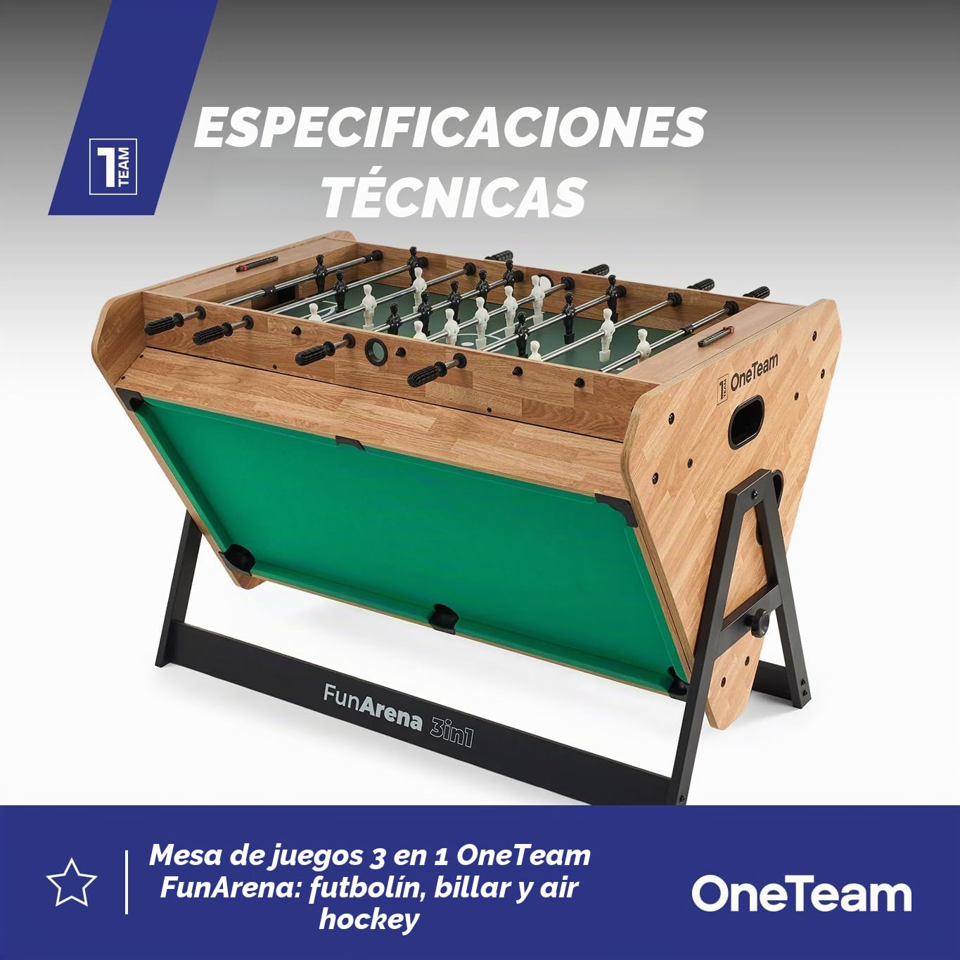 OneTeam FunArena 3en1 – Mesa de juegos: futbolín, billar, air hockey; multifuncional, estable, compacta con campos de juego intercambiables, ideal para el hogar, salas comunes y salas de juegos