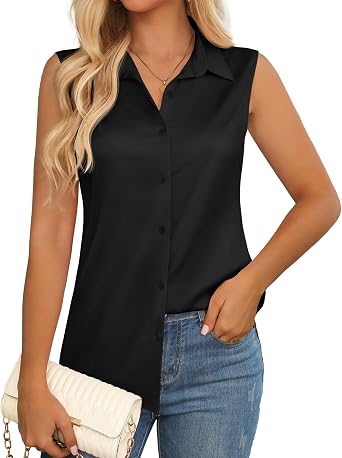 Womens Sleeveless Button Down Shirts Satin Blouses Business Casual Summer Tank Tops for Women 2026