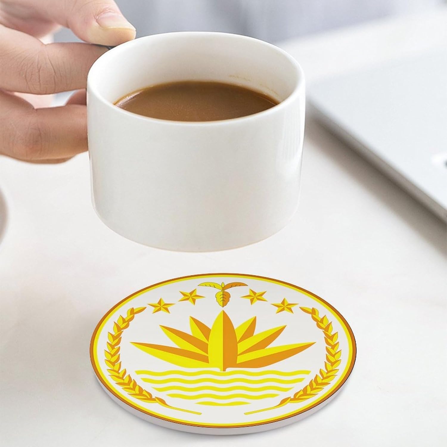 National Emblem of Bangladesh Round Ceramic Coasters for Drinks Absorbent Cup Holder Tabletop Protector with Cork Base