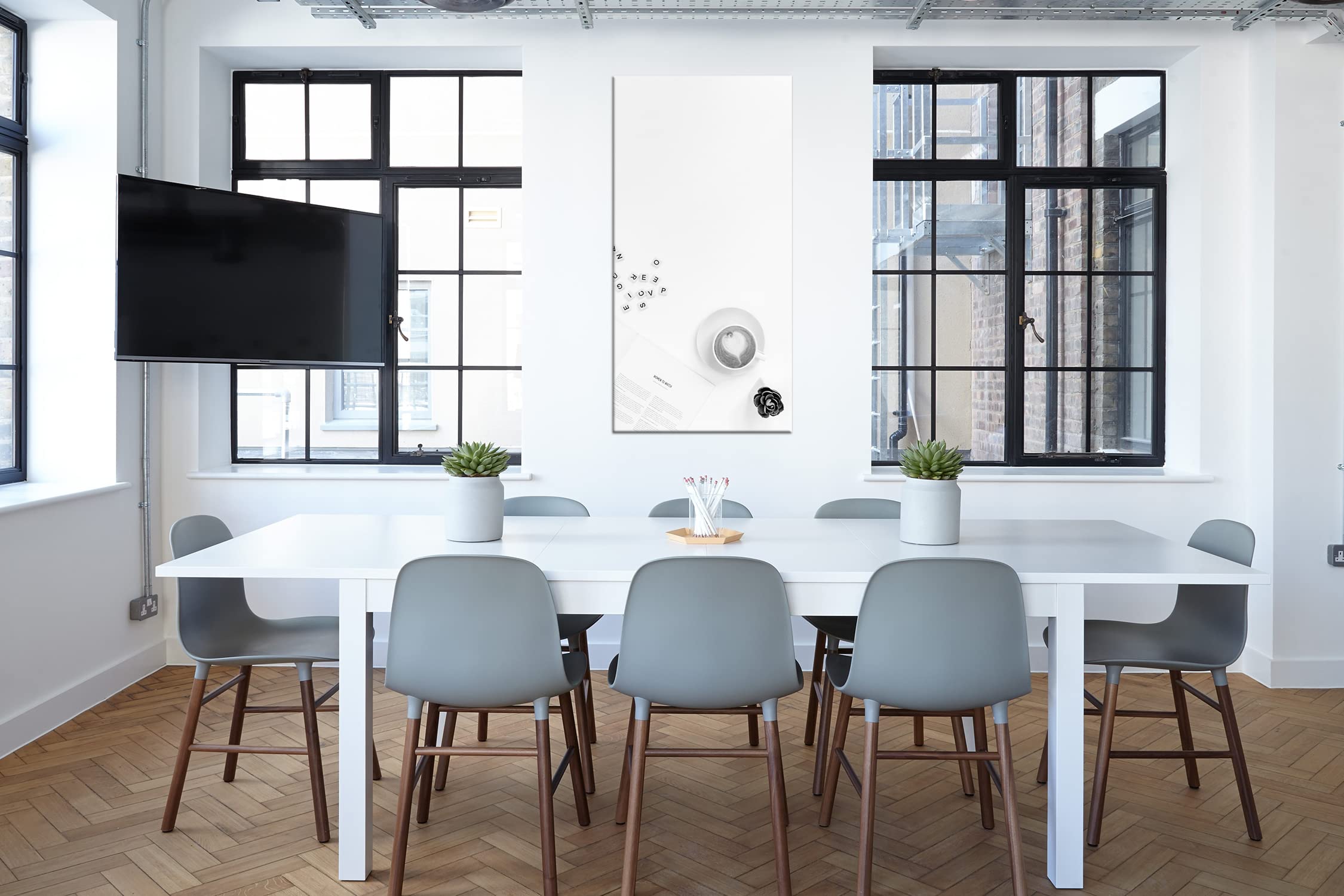 Café de la mañana en el trabajo panorámico, 120 x 60 cm, efecto: negro/blanco como lienzo, diseño enmarcado sobre marco de madera auténtica, impresión digital de alta calidad con marco