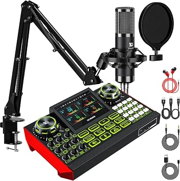 Podcast Equipment Bundle with Audio Mixer for Live Streaming and Singing, Podcast Microphone, Live Sound Card with Voice Changer and Noise Reduction, Compatible with PC, Phone, TikTok, and YouTube