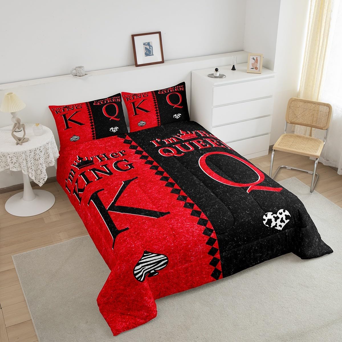 Erosebridal Lovers Black Red Mr Mrs Couple King Comforter Set, Romantic King and Queen Crown Bedding Set Valentine's Day Wedding Gifts Comforter, Love Heart Leopard Duvet Insert for Bedroom