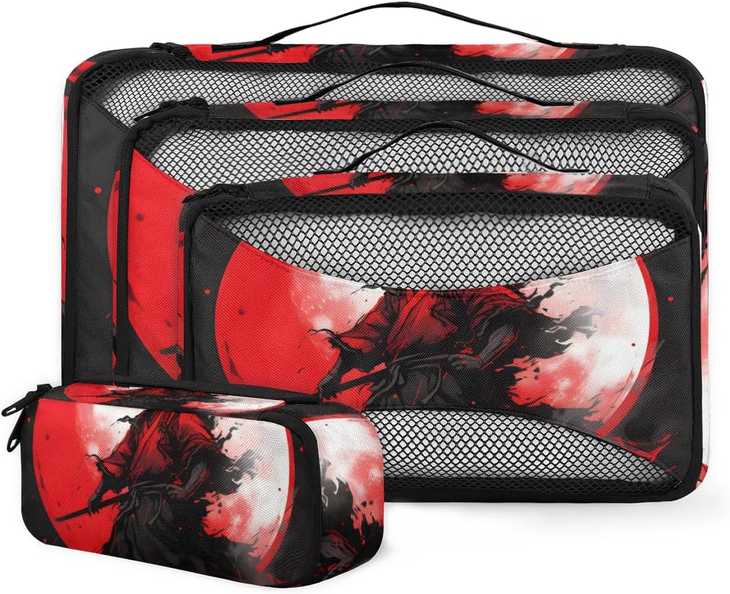 Cool Japanese Rabbit Samurai 4 Set Packing Cubes Packing Cubes for Women Lightweight Travel Essential Bag Clothes Carry on Suitcase Bags for Accessories Essentials