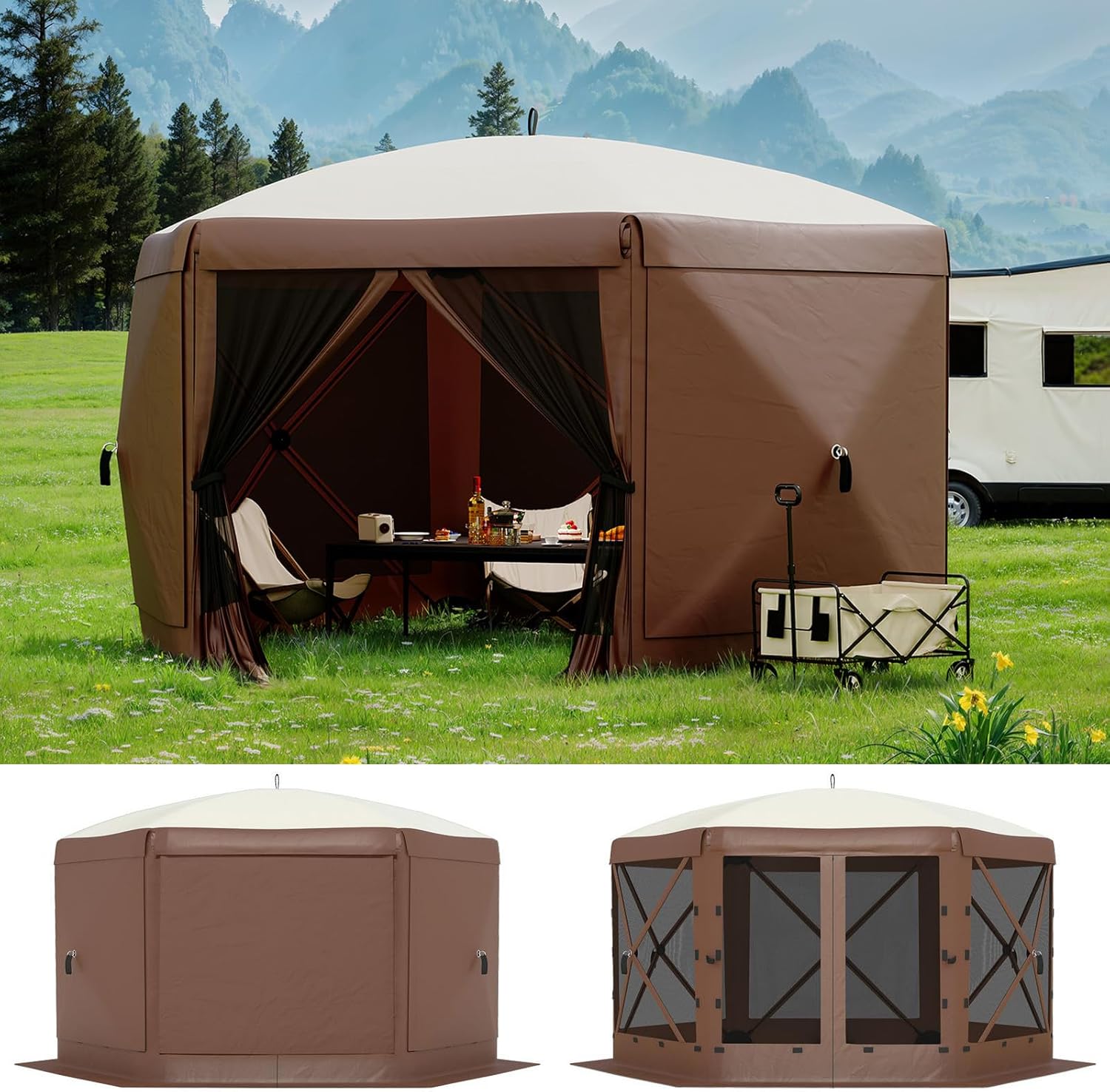 Garvee 13FT Pop Up Gazebo 6-Sided, Outdoor Canopy Tent with Mosquito Netting & Removable Wind Cloths for Camping, Backyard Parties, Outdoor Events, Beige & Khaki