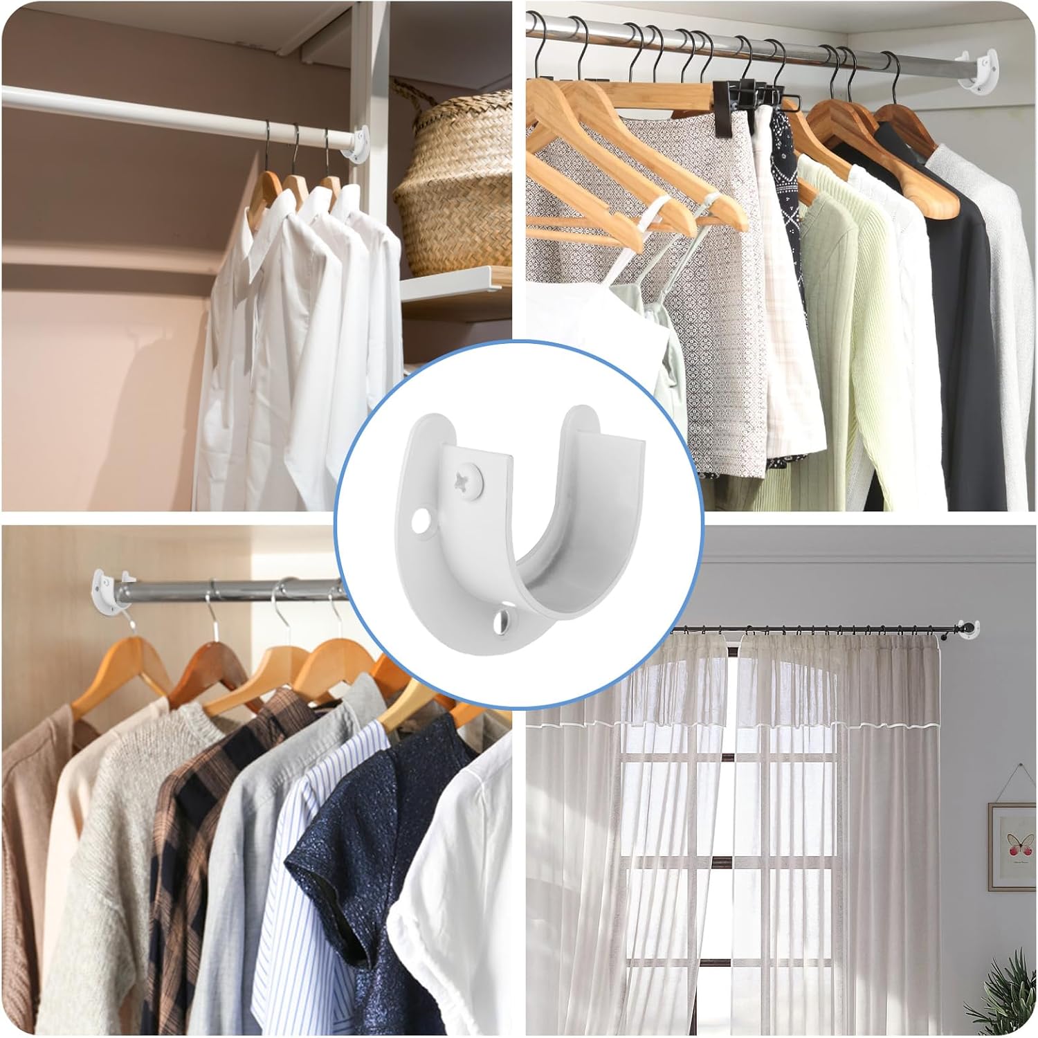 ABuff 12 Pack Stainless Steel Closet Rod Bracket 1-1/2" Diameter Heavy Duty Closet Rod Support U Shaped Closet Pole Sockets Opening Flange Rod Bracket for Closet, Shower Curtain