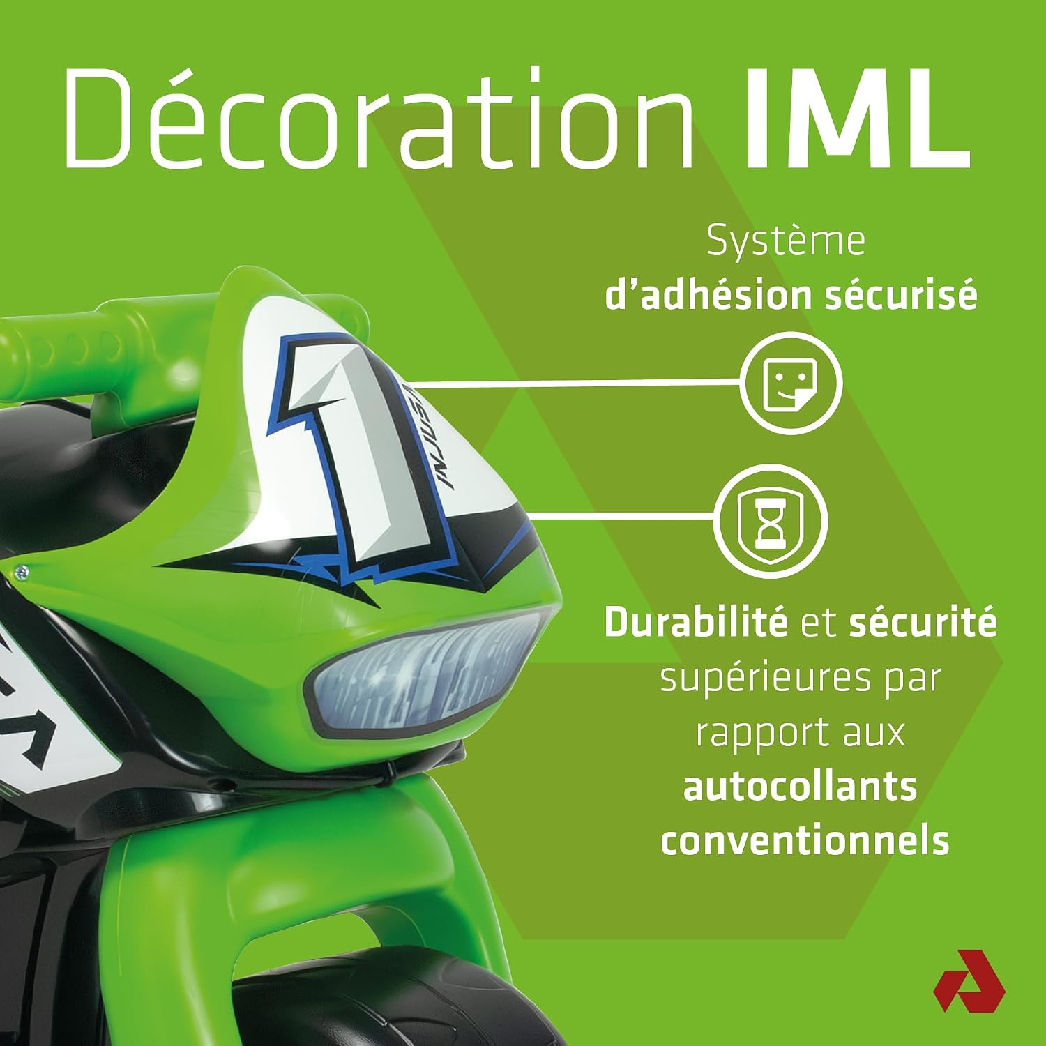 Détail décoration IML résistantes à l'eau et à l'usure sur moto porteuse enfant