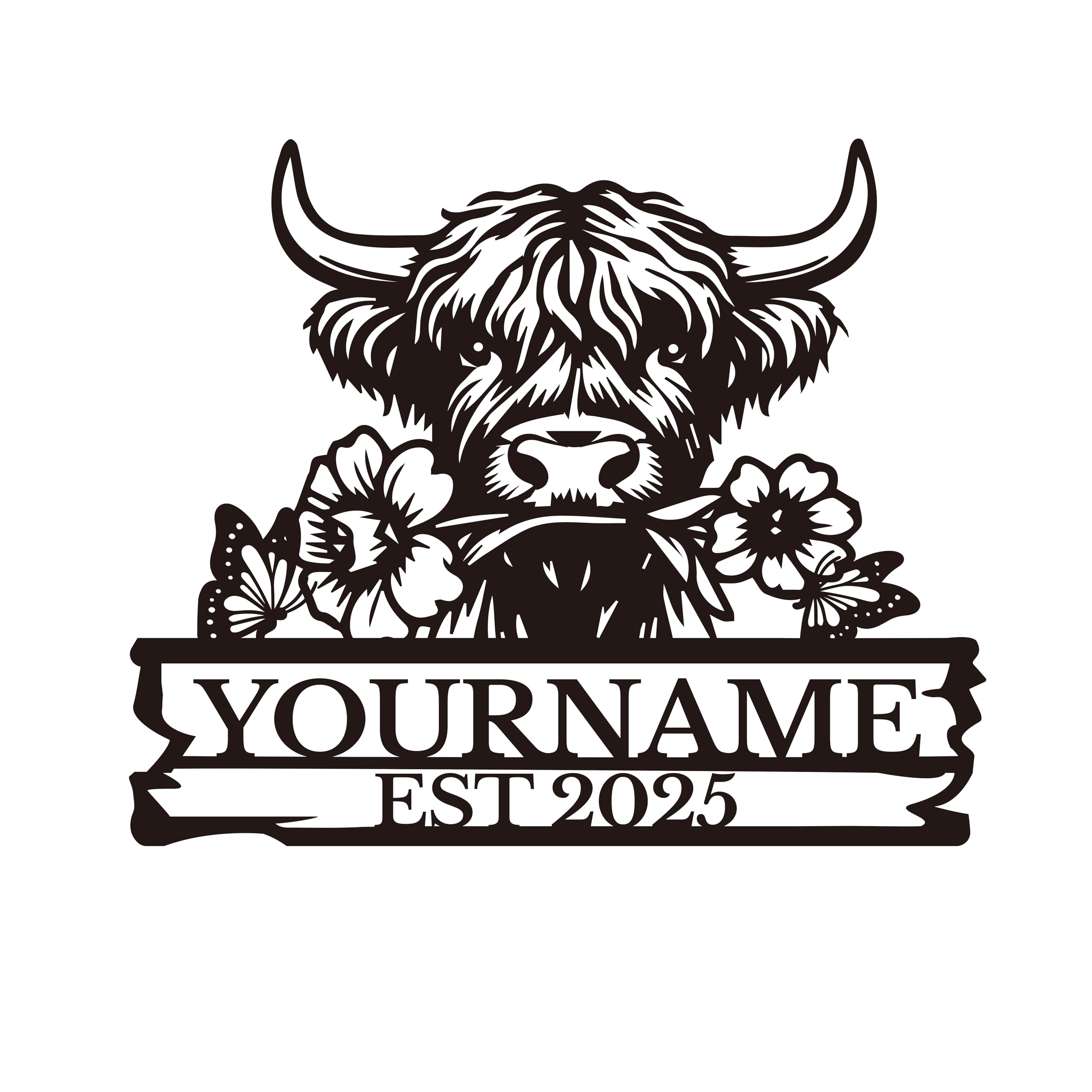 Personalized Highland Cow Wall Decor - Custom Name Signs for Farmhouse & Outdoor Sheds - Durable Steel Plaques with Weatherproof Coating (Style A)