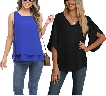 Jouica Women Blue Sleeveless Chiffon Tank Match Fall Black 3/4 Sleeve Chiffon Blouse,Small