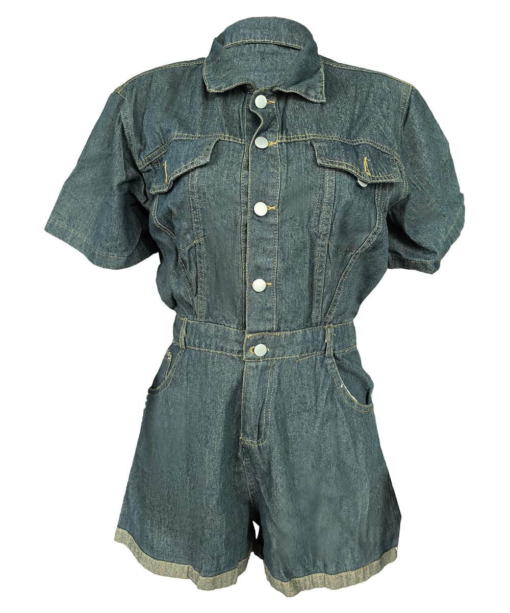 Femmes Haute Taille Manches Courtes Denim Combinaison Lavé Revers Jean Shorts Rompers