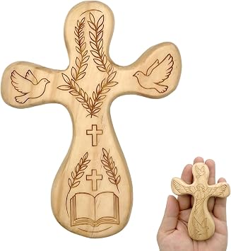 Small Wooden Hand Held Clinging Pocket Prayer Cross, 4.1" Handmade Double-sided Carved Angel Dove Bible Holding Crucifix Wall Religious Gift for Church, Christian Baptism, First Communion