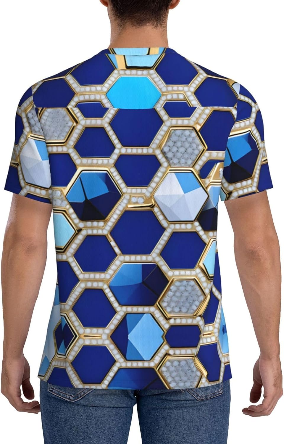 Blue Hexagons and Diamond Rugby Football Jersey for Men, Comfortable V-Neck Loose Fit Top for Team Sports Athletics