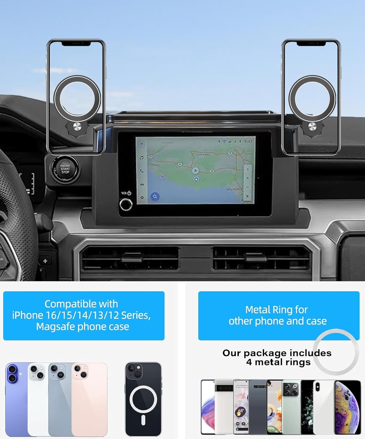 Car Phone Holder for Toyota Tacoma 2024 2025 2026 Accessories Magnetic Cell Phone Mount Apply to 8 Inch Screen Fixed Clip Hands-Free 360 Degree Rotation with Dashboard Storage Tray