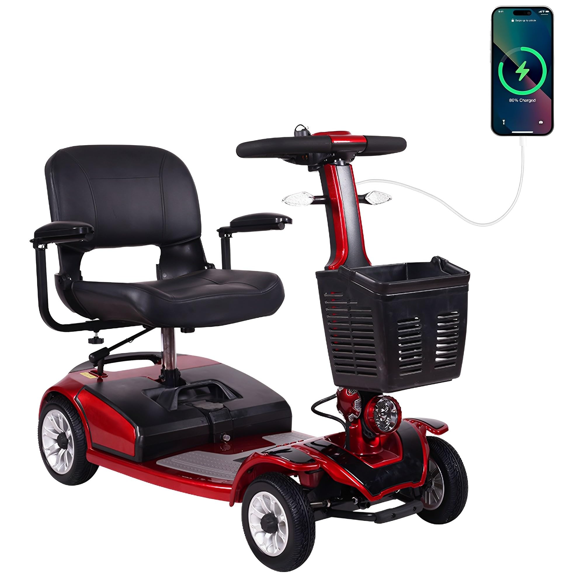 Scooters de Movilidad Plegables para Adultos, Scooter de Movilidad de 4 Ruedas Capacidad de 190 kg Batería Extendida de 35km de Largo Alcance con Canasta y Señal de Giro (Rojo)
