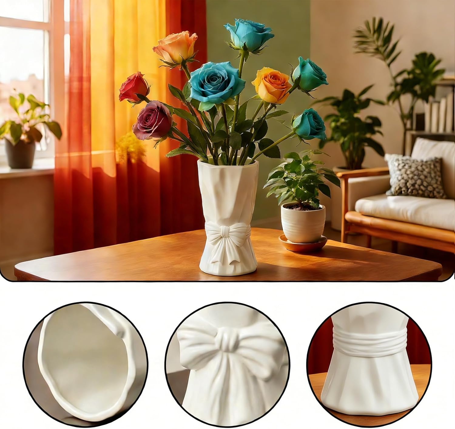9.3 Inch White Ceramic Flower Vase with, Boho Style White Vase for Flowers, Home Decor