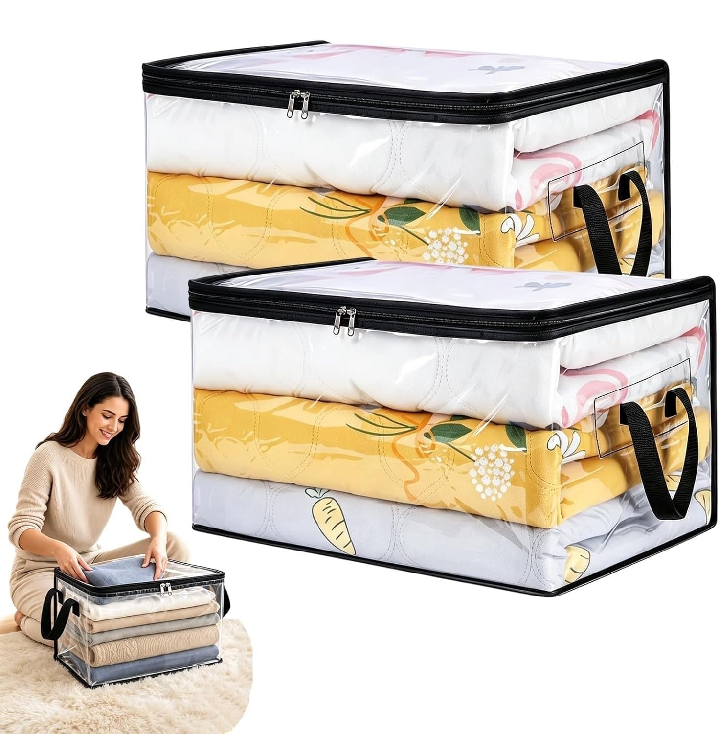 Extra Large Clear PVC Storage Bags with Zipper & Reinforced Handles, Heavy-Duty Thick Plastic Organizer Bags for Clothes, Bedding, Dorm, Moving & Camping(2pcs)