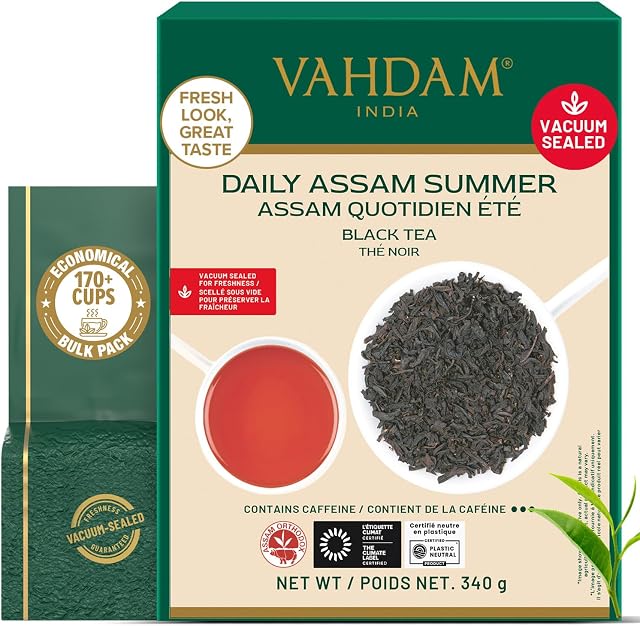VAHDAM, Assam Feuilles de thé noir (340g | 170+ Coupes) GMO, Sans gluten STRONG, MALTY & RICH | Pure Inblended Single Origin Black Loose Leaf Tea.