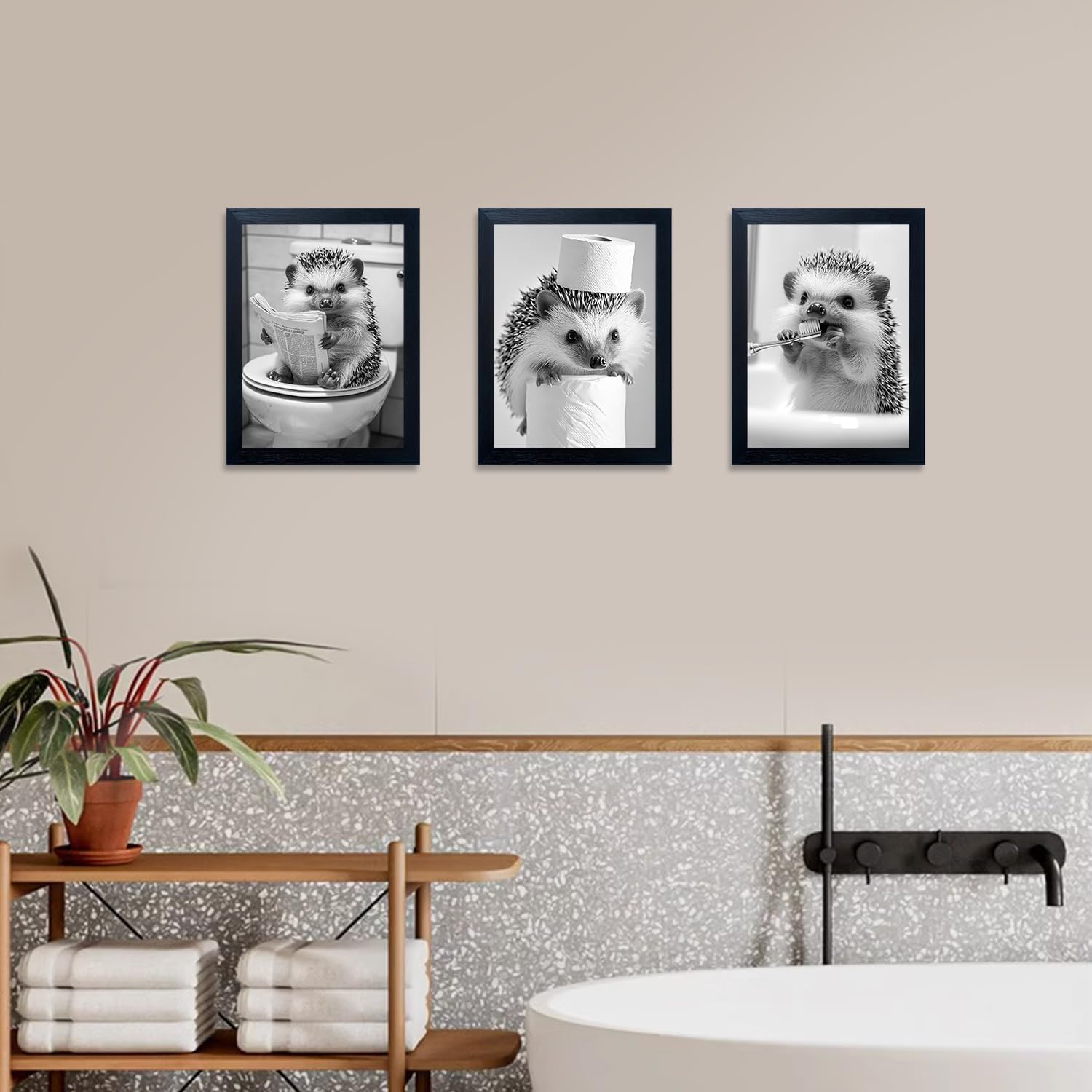 Funny Hedgehog Bathroom Art Framed Black and White Wall Art 3 Pieces Cute Animal Bathroom Picture Wall Decor Toilet Paper Print Painting Kids Room Decoration