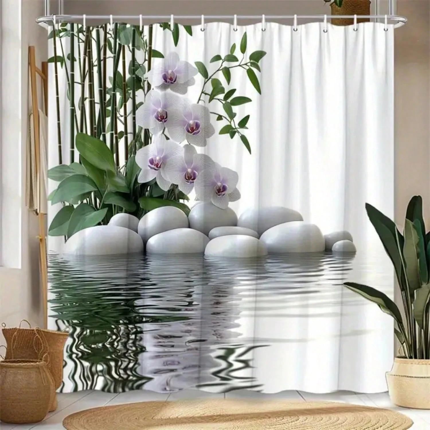 GLKSDLPO Zen Pond Pattern Shower Curtain, Non-Blackout Polyester Fabric, With Hooks, For Windows And Walls For Bathtub(110x200cm/43x79in(WxH)