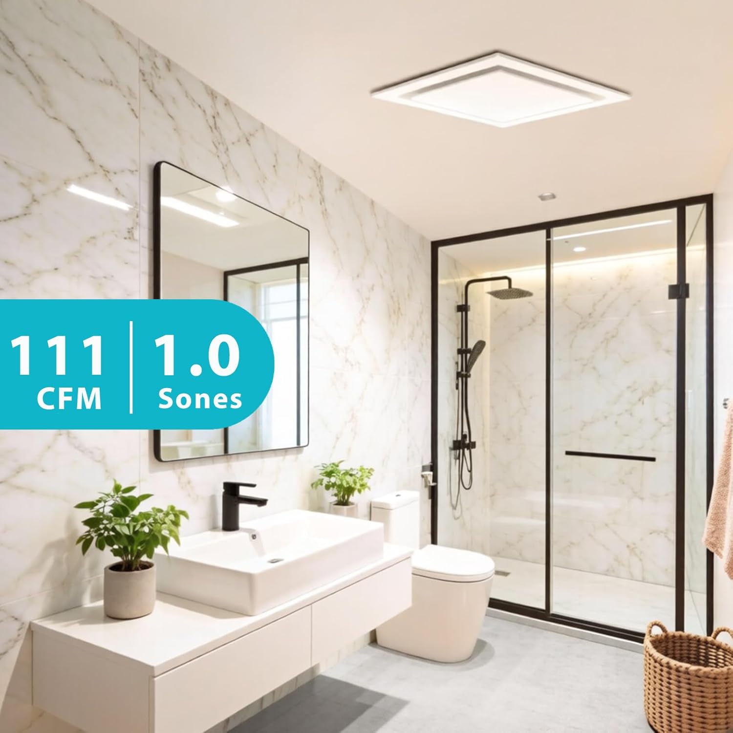 Bathroom Exhaust Fan 10" Panel（8x8 Mount），111 CFM 1.0 Sones Ultra Quiet Ceiling Vent Fan without Light,4" Duct for Bathroom Home Office