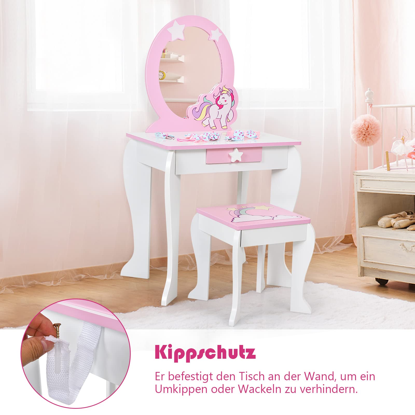 DREAMADE Kinder Schminktisch mit Hocker und Abnehmbarer Spiegel, Prinzessin Frisiertisch für Kinder, Frisierkommode mit Schublade, Kinderschminktisch für Mädchen (Weiß)