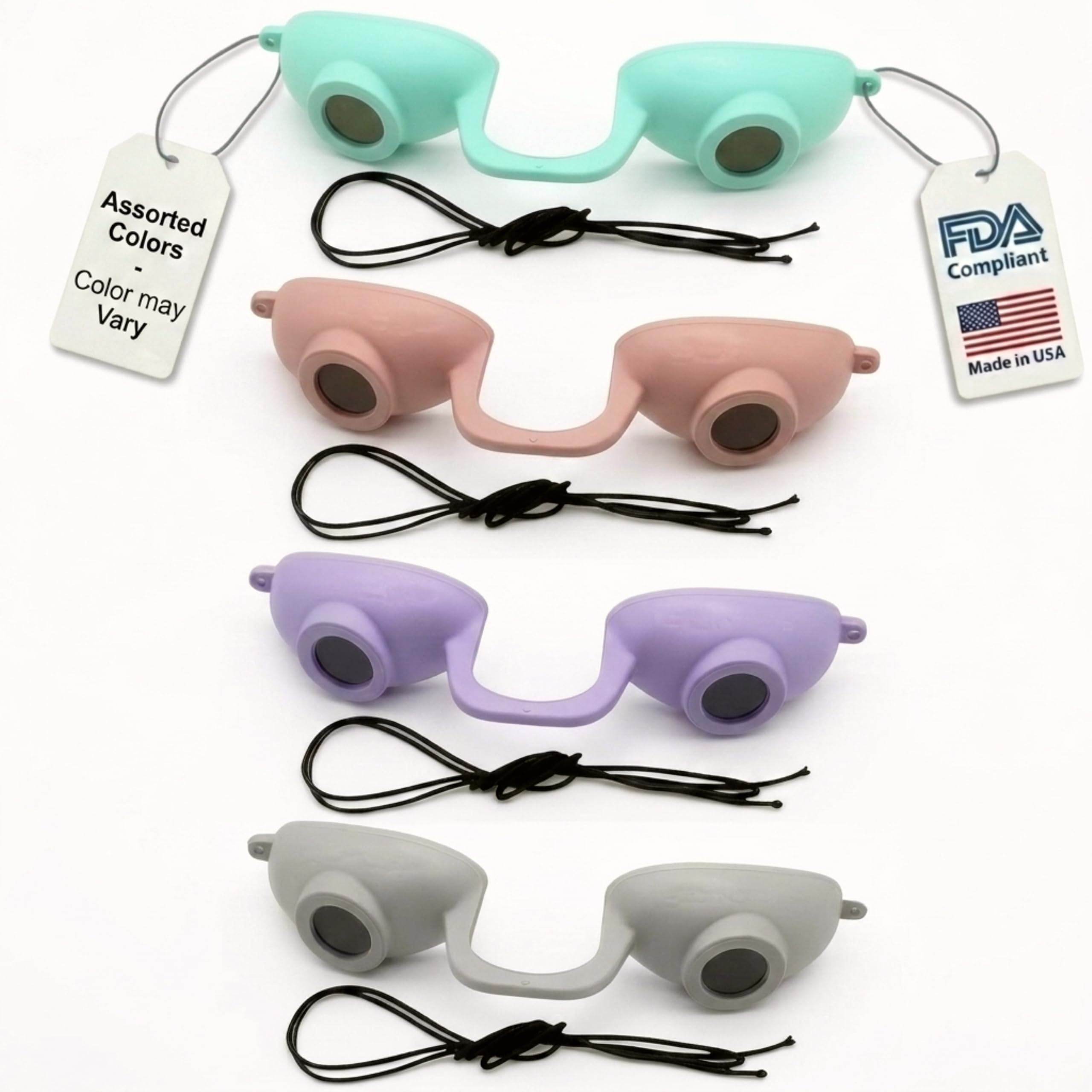 Super Sunnies EVO Flex - Protección ocular UV compatible con la FDA, protectores oculares delgados y flexibles, gafas de bronceado para cama, gafas de terapia de luz roja con correa, paquete de 4