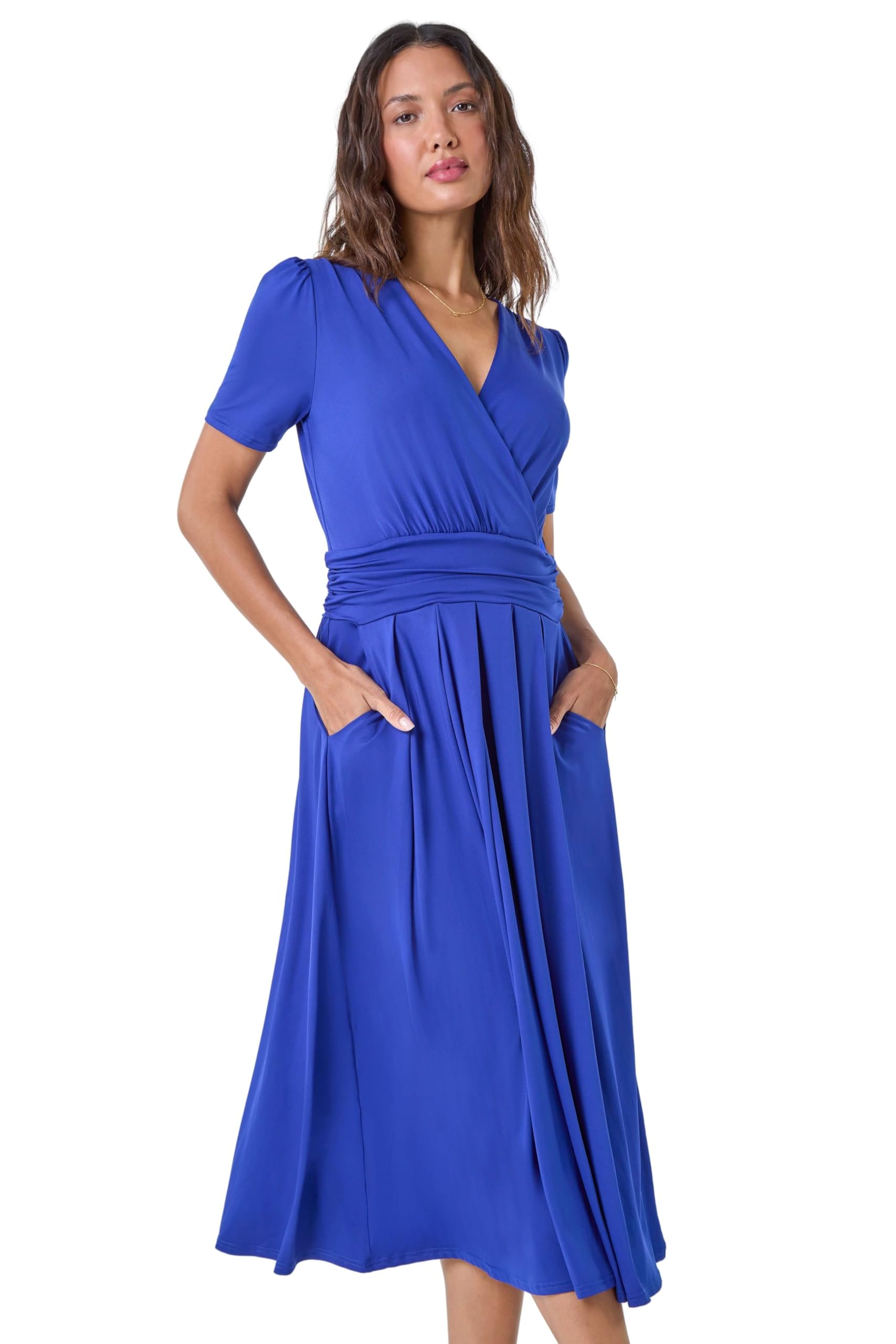 Roman Women's Royal Blue Gathered Stretch Wrap Midi Dress Size 20