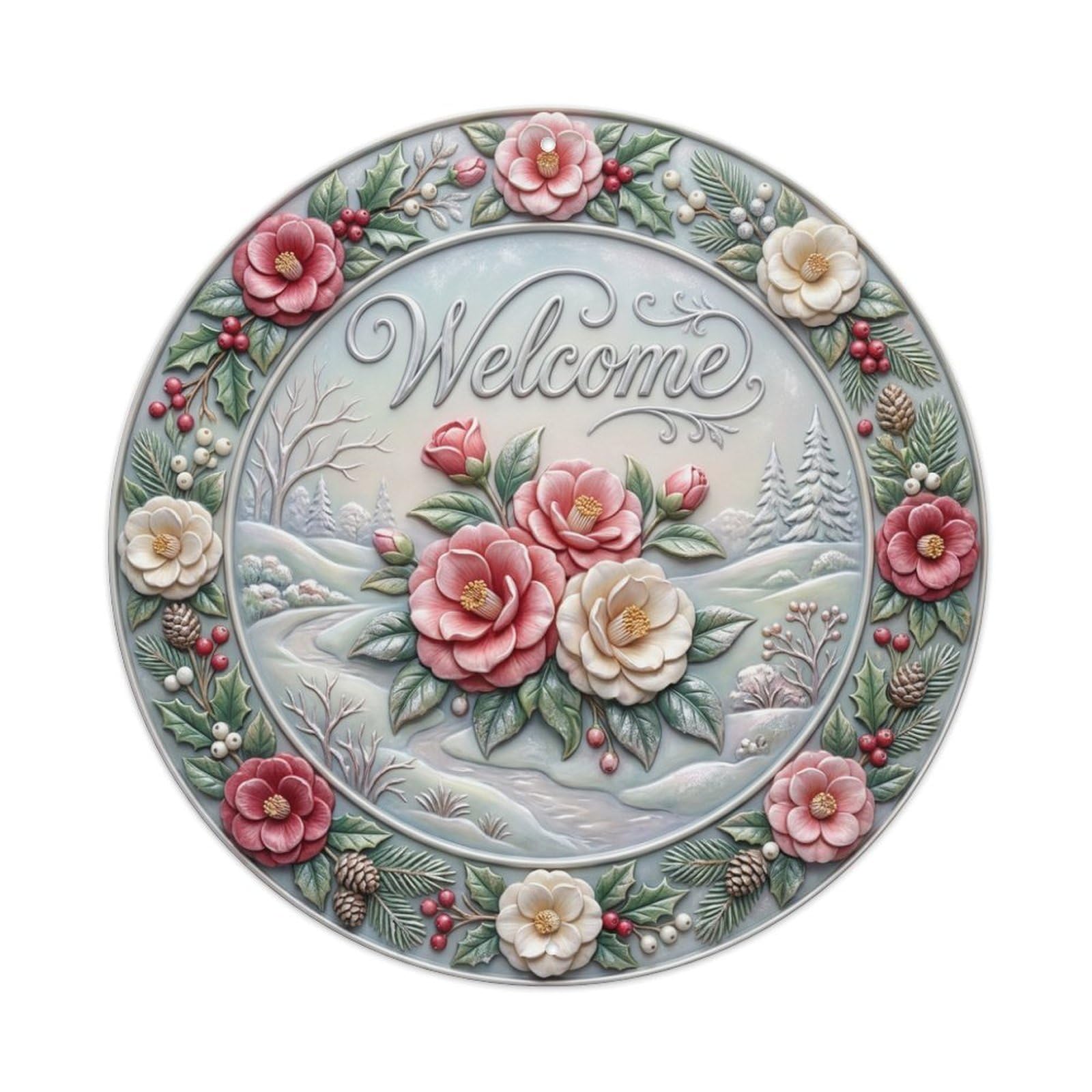 Tgrcjimh Style Metal Tin Sign Camellia Bloom Welcome Winter Garden