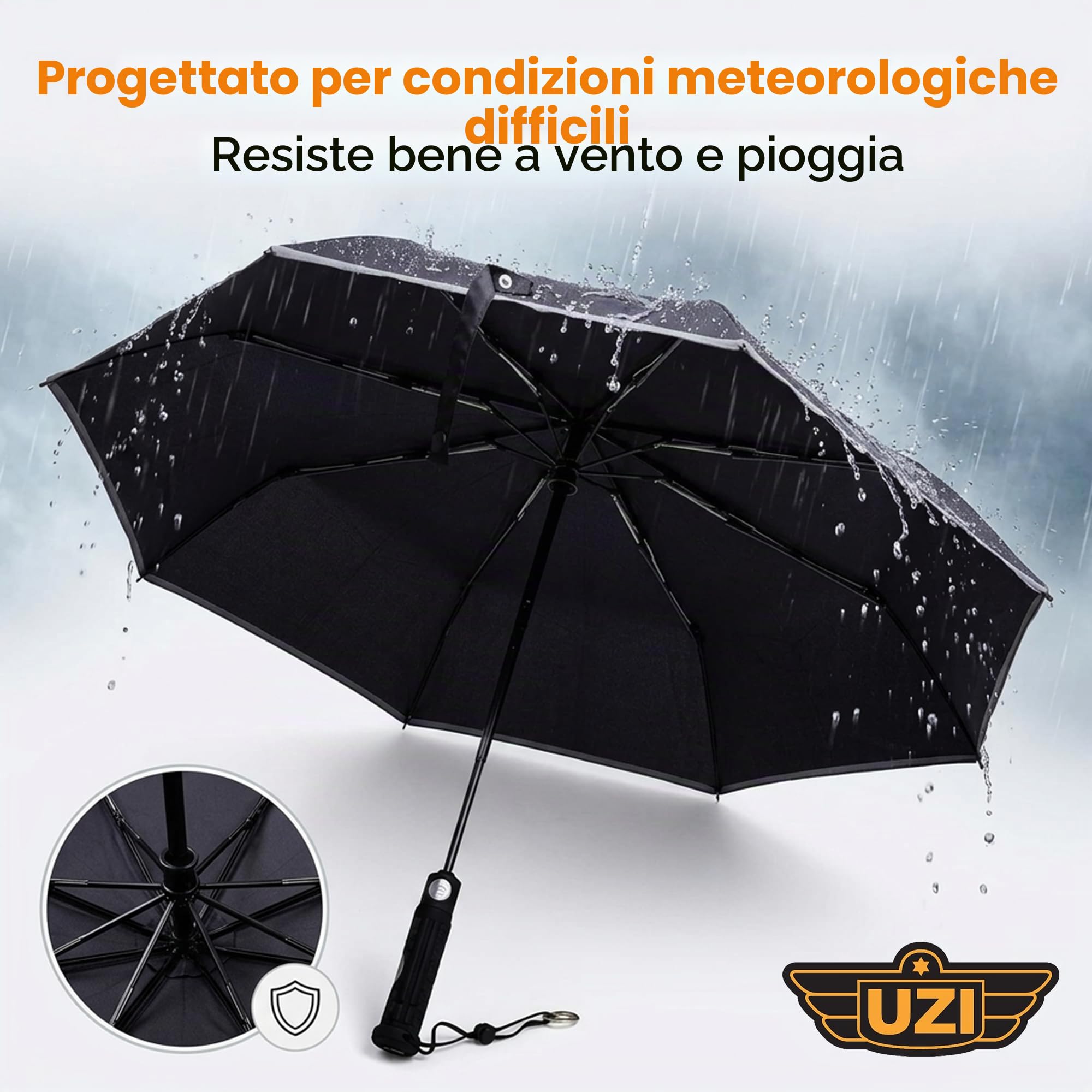 Uzi Tactical Self Defense Umbrella – Windproof Unbreakable Fiberglass with Carbide Tip - Lightweight, Large, Portable, Travel Umbrella for Men & Women – Combat-Ready for Rain, Snow & Wind