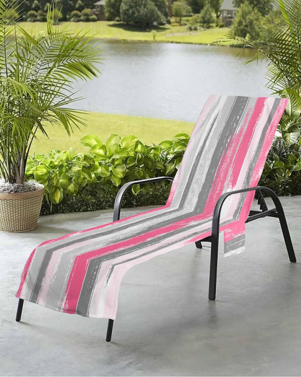 Beach Pool Patio Lounge Chaise Chair Cover Towel with Pockets,Abstract Pink Grey Absorbent & Quick Dry Microfiber Towel Cover Bag Summer Travel Accessories Modern Geometric Minimalist White