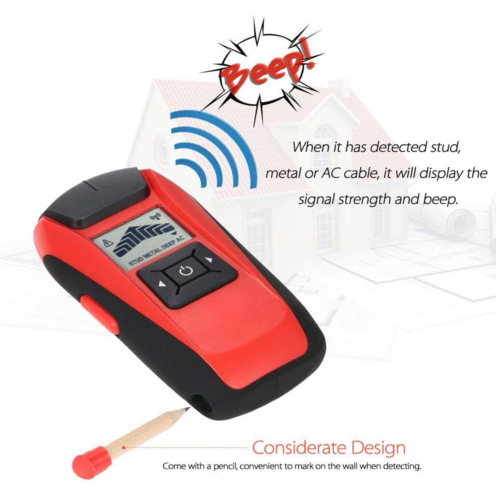 HMTE Détecteur de Goujons muraux, détecteur de Goujons muraux LCD Portable, Goujons en Bois métalliques, câble AC, testeur de détecteur de Scanner de Fil en Direct (Rouge)