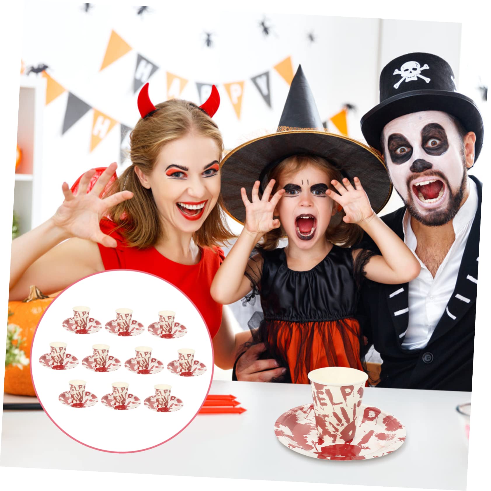 BRIGHTFUFU Halloween Supplies Bloody Handprint Cups Plates Party Decorations Easy Clean Unique Party Set
