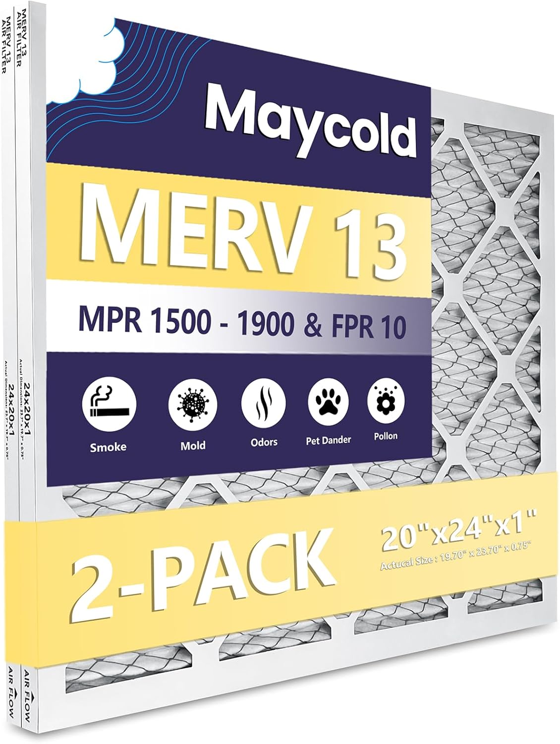 Maycold MERV 13 20x24x1 Air Filter (2-Pack), High-Efficiency Pleated AC & Furnace Filters, Actual Size: 19.70" x 23.70" x 0.75", Individually Wrapped in Plastic
