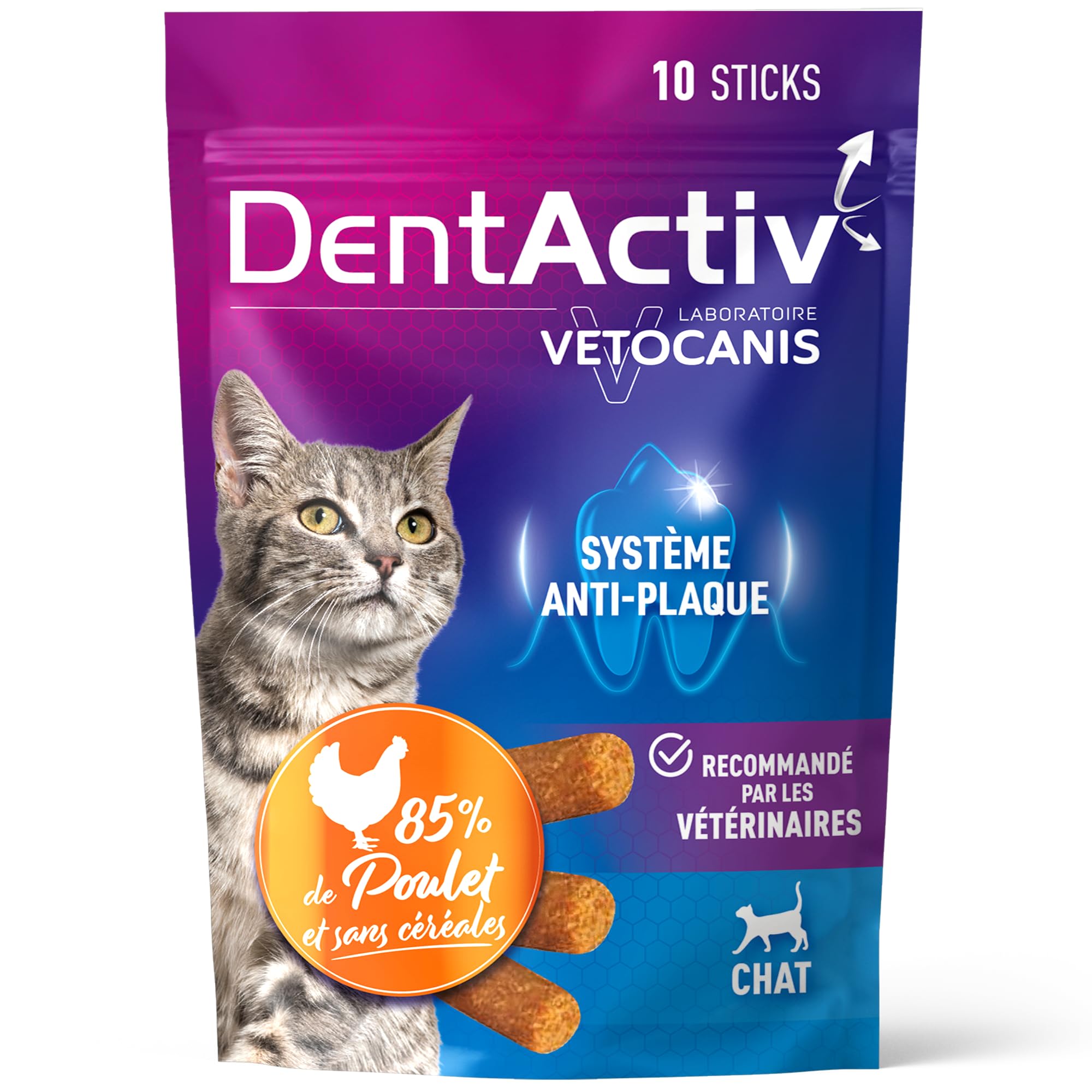 Vetocanis - Dentactiv - Stick Dentaire - Friandises pour Chat Gourmandes - Hygiène et Santé du Chat - Riche en Viande - 85% de Poulet - Système Anti-Plaque