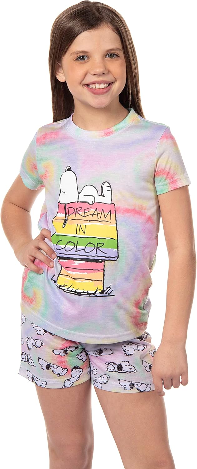 INTIMO Peanuts Girls' Snoopy Dream In Color Tie-Dye Character Sleep Pajama Set Shorts - Image 2