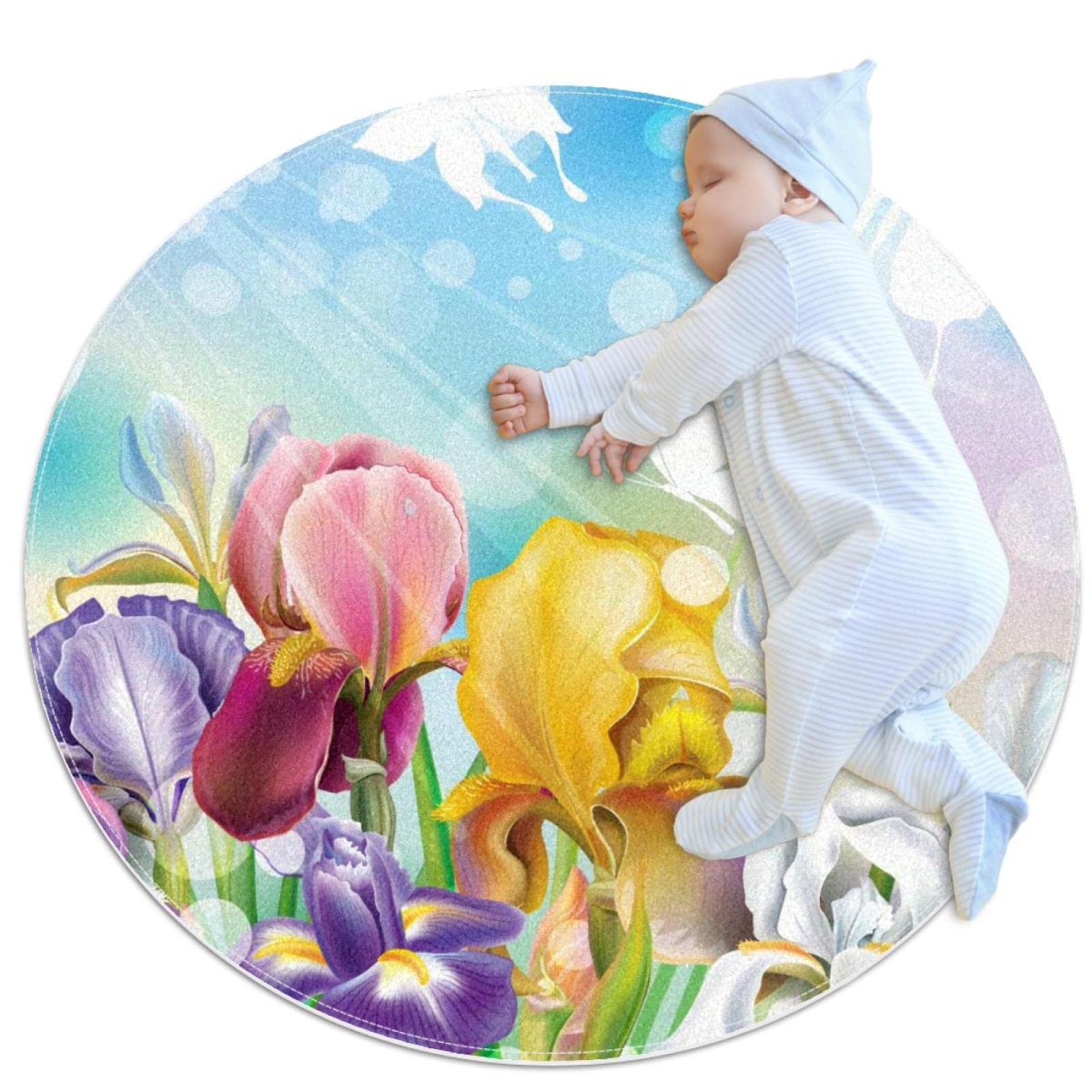 Tapis de jeu pour enfants rond JDEZ fleurs et papillons 80x80cm