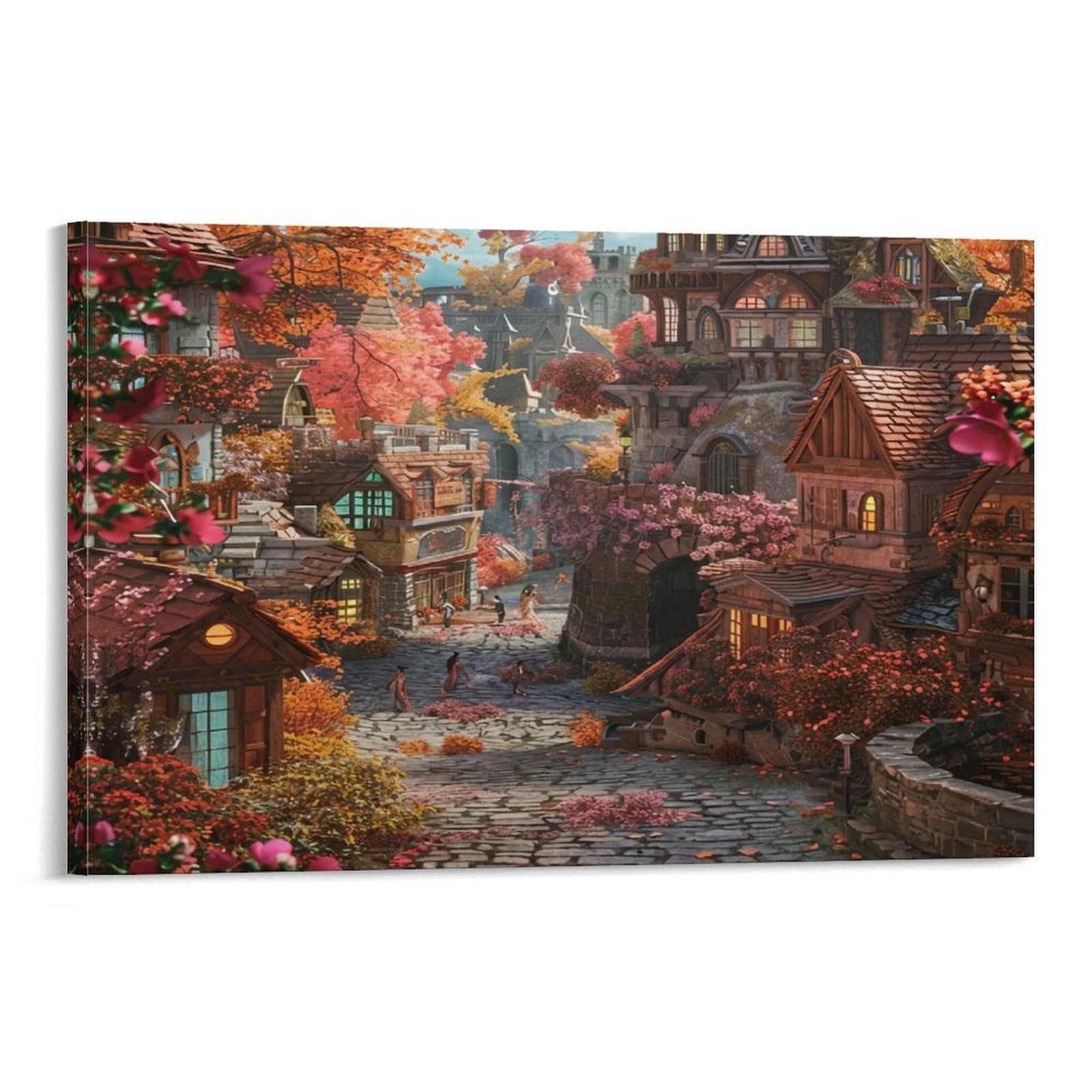 CPLVKWRQJ Autumn Fantasy Village 1 Piece Autumn Fantasy Village Scene Canvas Art - Birthday Gift Bedroom Canvas Painting Easy to Clean Wall Decor 20x30inch(50x75cm)