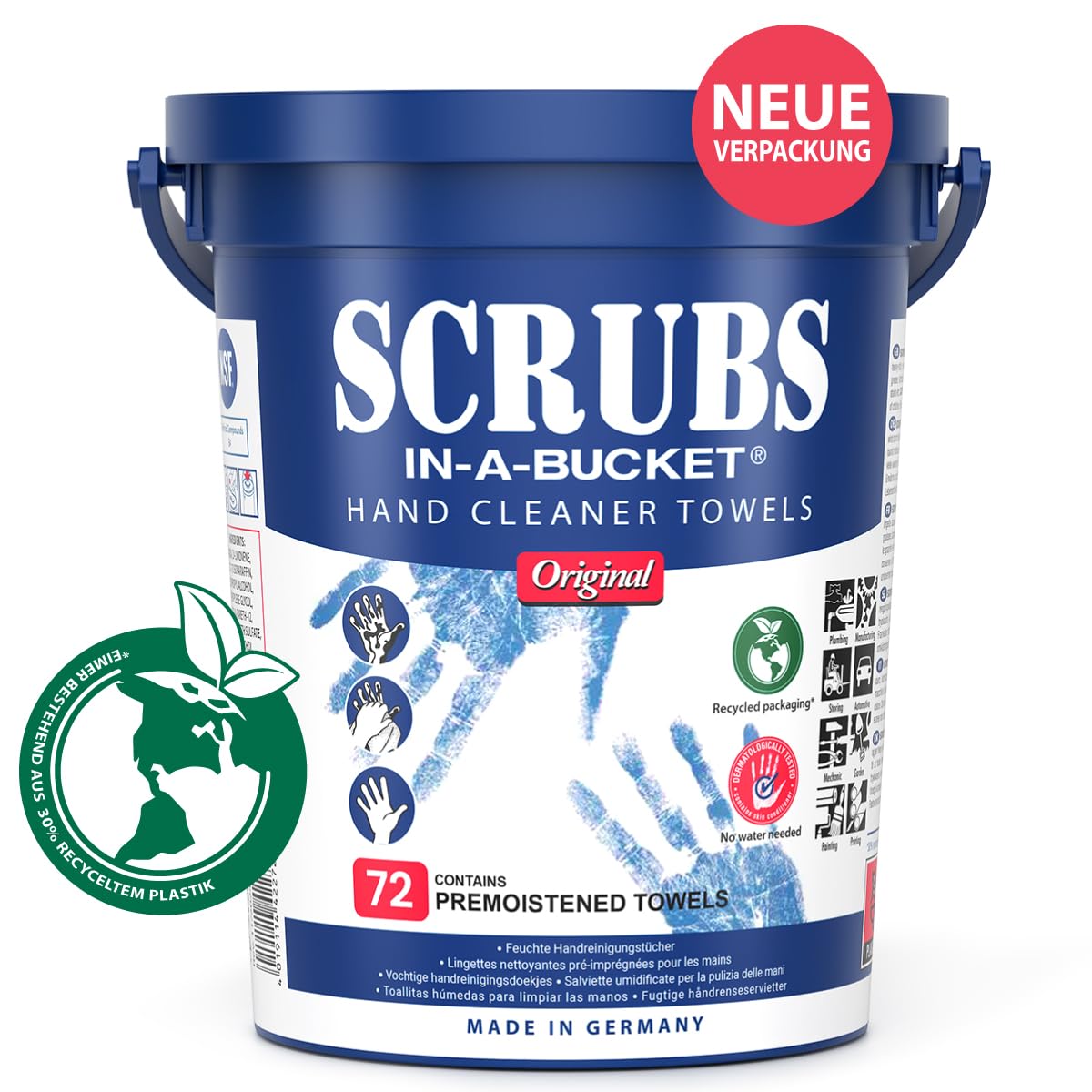 Lot de 6 SCRUBS dans un Seau - 72 Lingettes de Nettoyage pour les Mains par Seau, avec 6 Crayons et 6 Gommes DEWEPRO® SingleScrubs