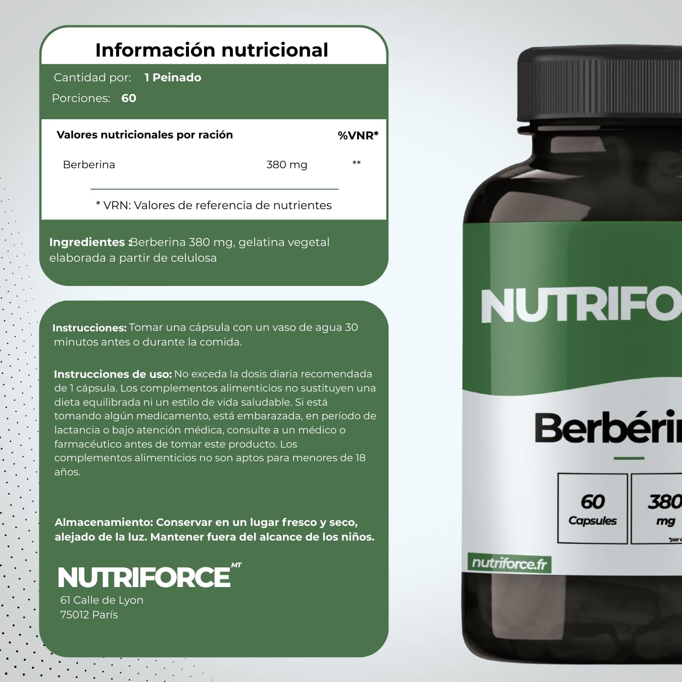 Berberina 380 mg – 60 Cápsulas – Apoyo al Metabolismo, Control de Glucosa y Bienestar Digestivo