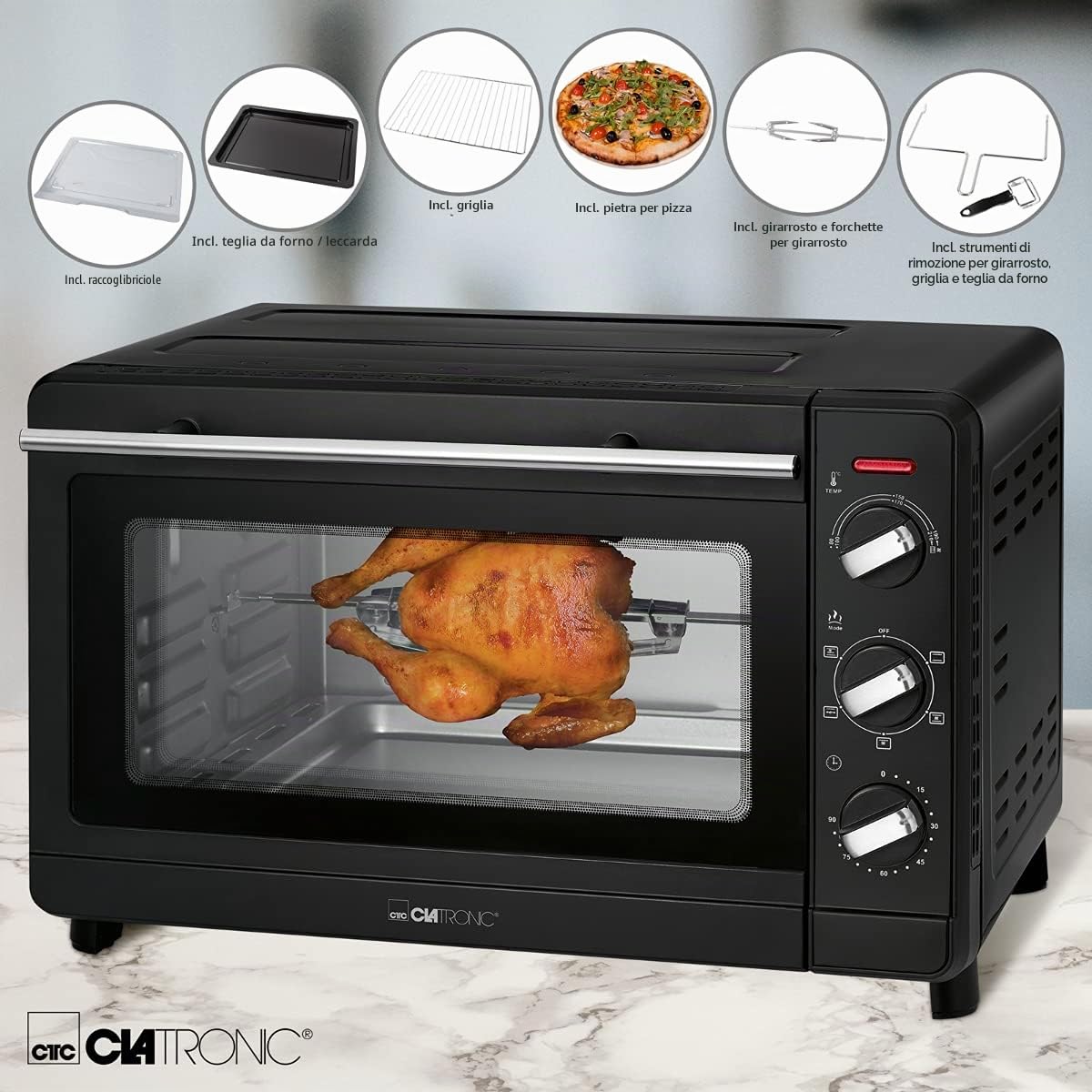 Clatronic Multi-Four MBG 3728, 30 litres d'espace de cuisson, convection + chaleur supérieure et inférieure, minuteur de 90 minutes avec signal de fin, noir