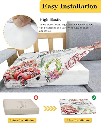 Miniatura 5 de Wowouhiya Red Truck Christmas Couch Cushion Covers, Stretch Sofa Cover with Elastic Bottom, Xmas Tree Botanical Wreath Retro Sofa Slipcovers