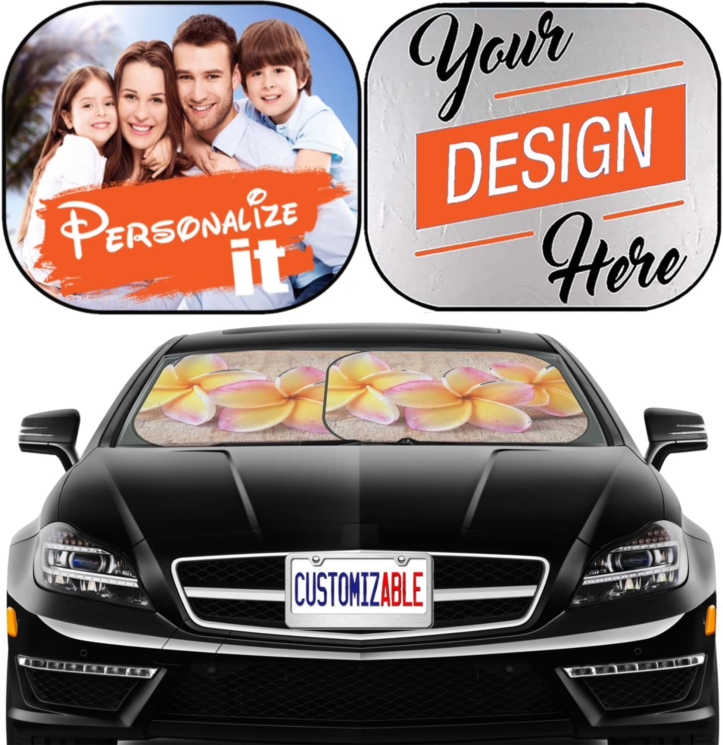 MSD Car Windshield Sun Shade Cover Custom 2-Piece Universal Fit Personalized Windshield Sun Shade Cover Fits Most SUV, Sedan, Pickup, Van 32571243 Colorful Plumeri Printed in USA