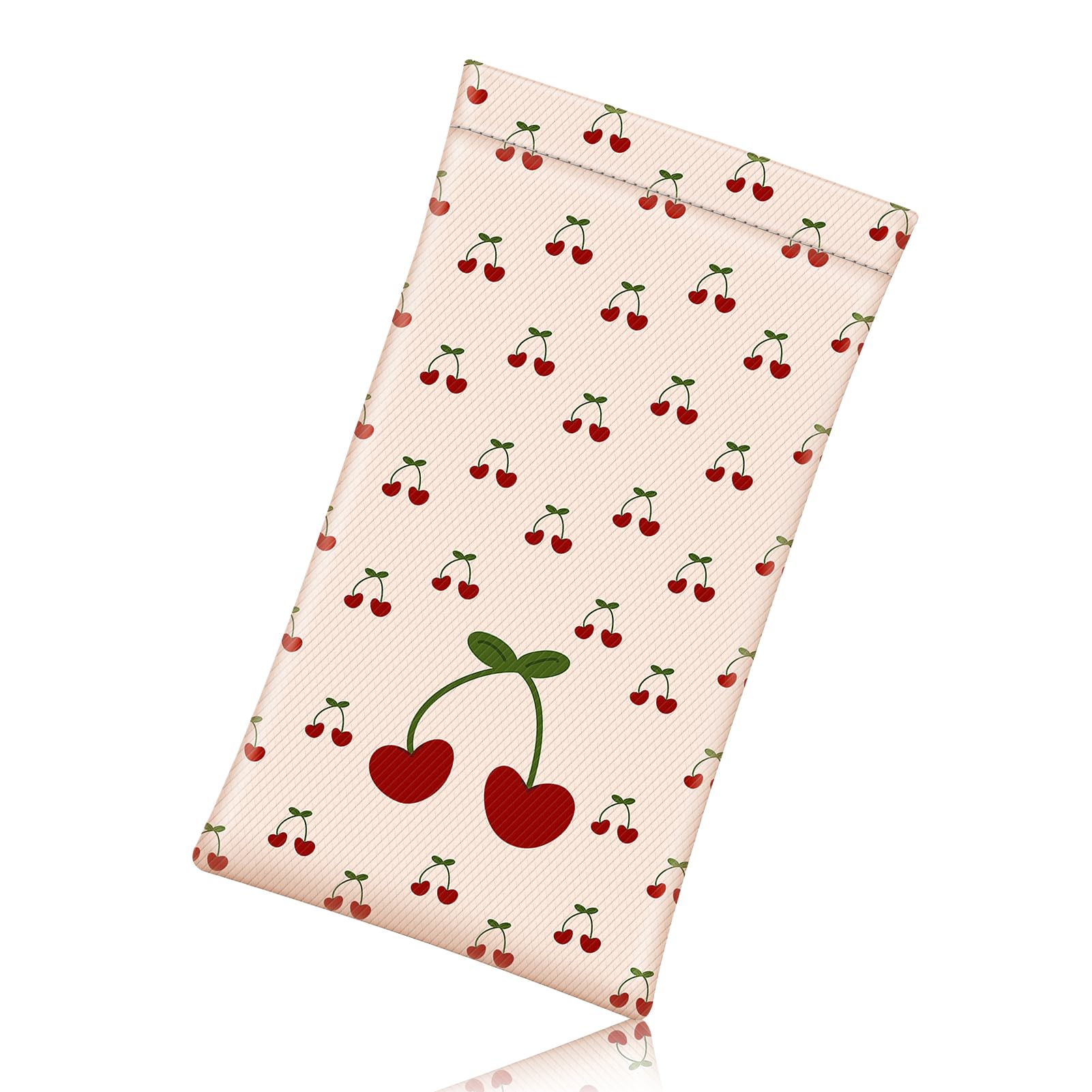 FINTIE Soft Eyeglasses Case with Cleaning Cloth, Portable Squeeze Top Vegan Leather Glasses Pouch, Sunglasses Eyewear Bag, Coquette Cherries, Medium