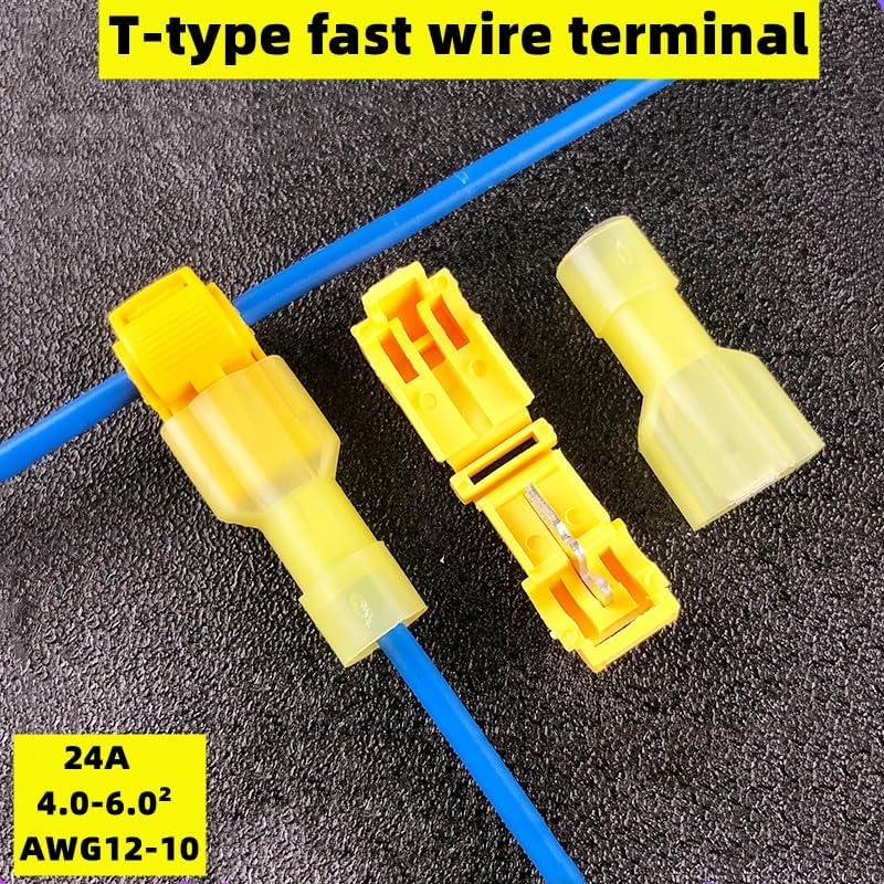 50 PCS,T-Shaped Crimp Terminal,Electrical Connector,Connection Clamps,Quick-Free Stripping,Cable Connector(T3 Yellow)