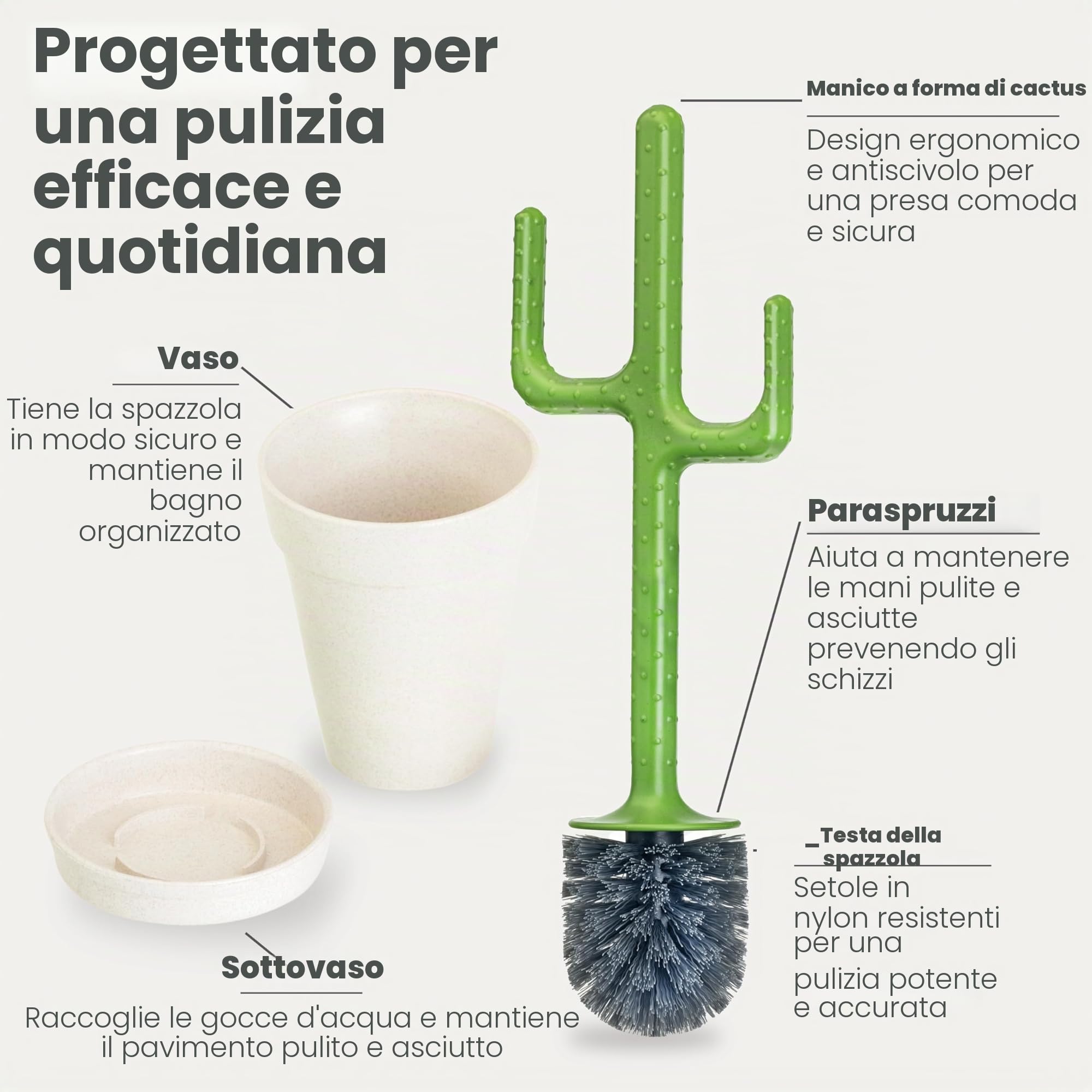 Vigar Set scopino per WC a forma di cactus, spazzola ecologica per la pulizia con manico a forma di cactus, base per vaso con piattino