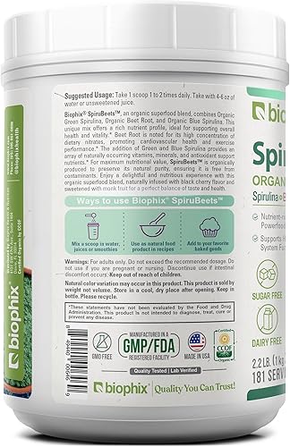 Miniatura 8 de biophix SpiruBeets Orgánica 2.2 lbs Sprirulina - Raíz de remolacha - Polvo de superalimento rico en proteínas y denso en nutrientes - Rico en óxido