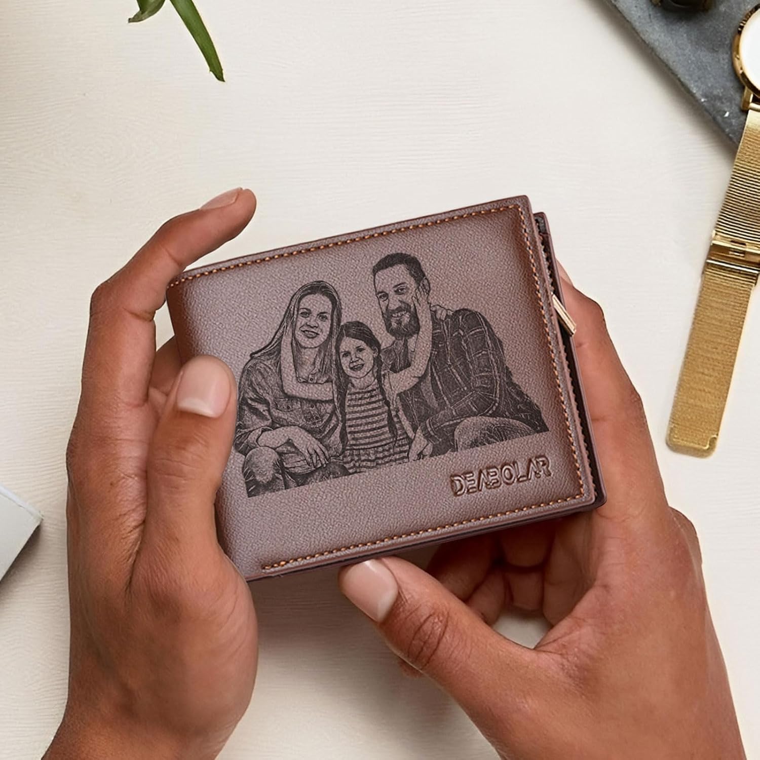 Custom Wallets for Men, Personalized Leather Wallet with Photo & Text Engraving, Bifold Wallet with 1 Photo Position 2 SIM Card Slots 1 Zip Change Space, Customized Gifts for Men Dad Husband - Brown